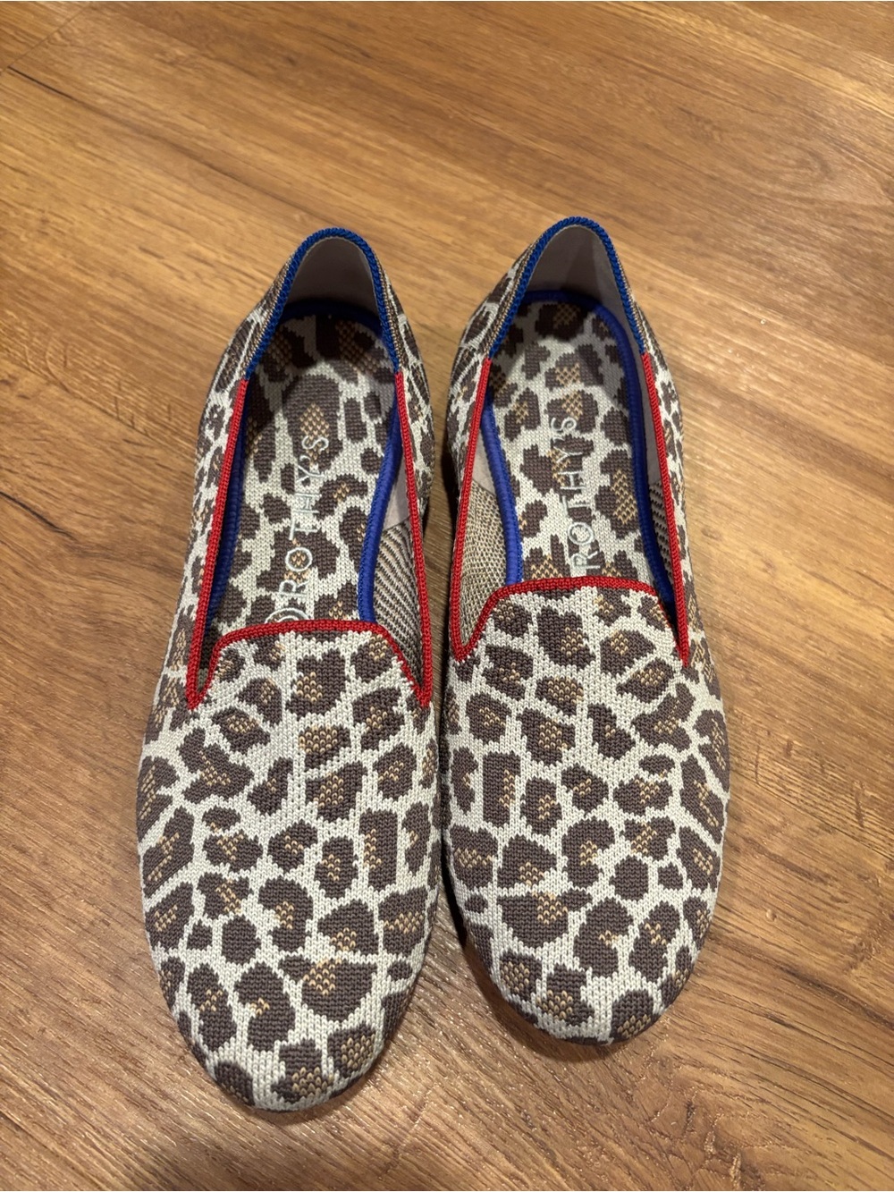Rothy’s Leopard Print Canvas Loafers with Red & Blue Trim